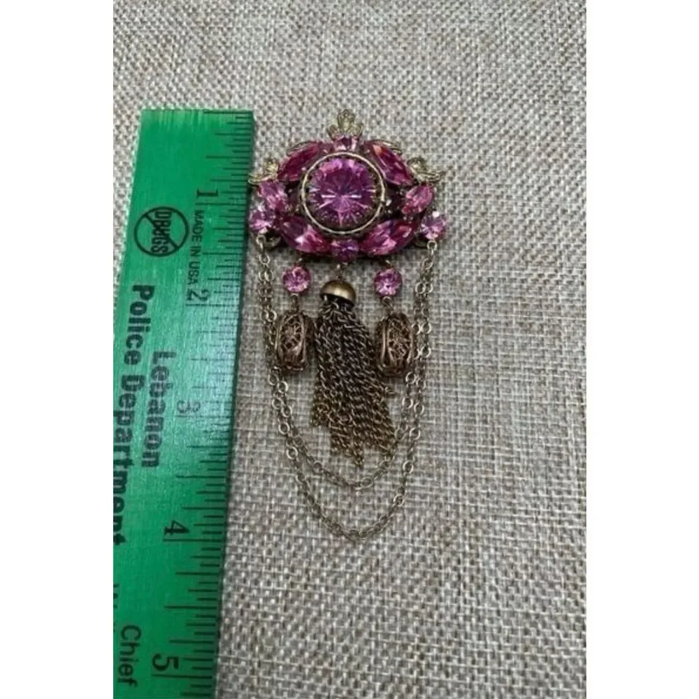 Vintage Pink Rhinestone Filigree Tassel Brooch Victorian Revival Style